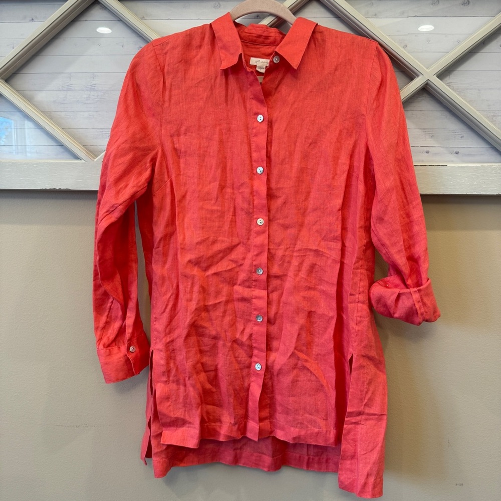 J. Jill Love Linen Essential‎ Shirt Small Coral Pink 100% Linen Button Front Top